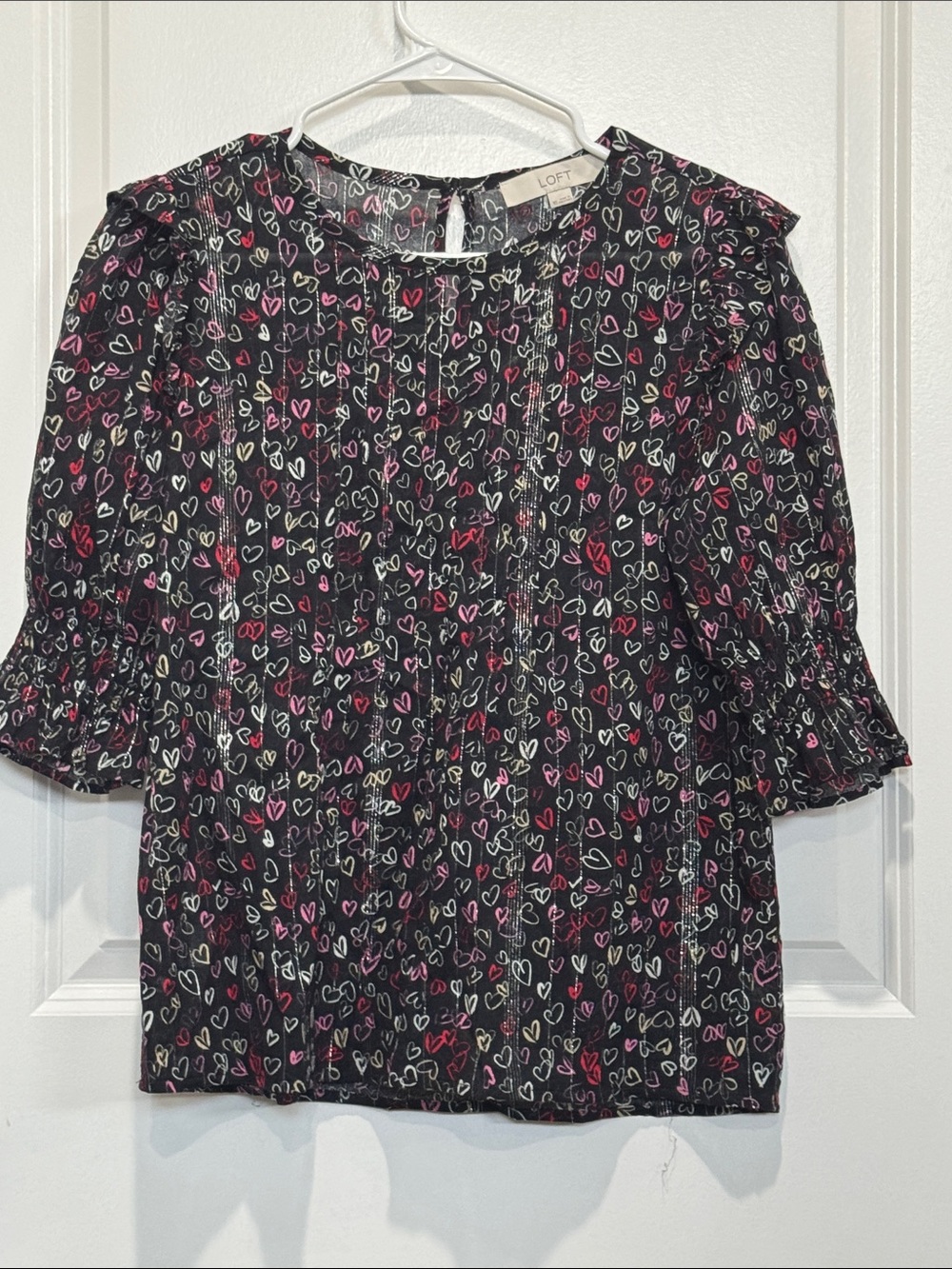 LOFT Black Heart-Print Ruffle Sleeve Blouse